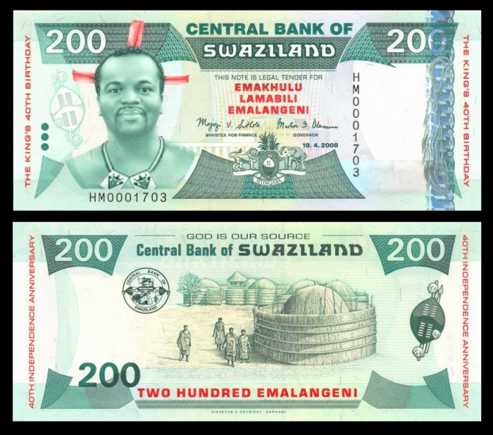 SWAZILAND █ bancnota █ 200 Emalangeni █ 2008 █ P-35 █ POLYMER █ UNC necirculata