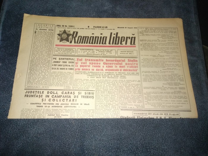 ZIARUL ROMANIA LIBERA 27 AUGUST 1949