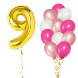Set 13 Baloane Aniversare 9 Ani Fata Roz/Rose Gold, Cifra Aurie 81cm, Latex 30cm, Ropet