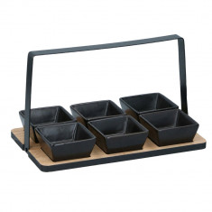 Set 6 boluri ceramice elegante negre cu suport metalic si bambus pentru aperitive, gustari, fructe