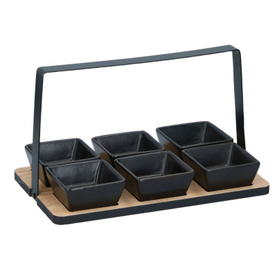 Set 6 boluri ceramice elegante negre cu suport metalic si bambus pentru aperitive, gustari, fructe foto