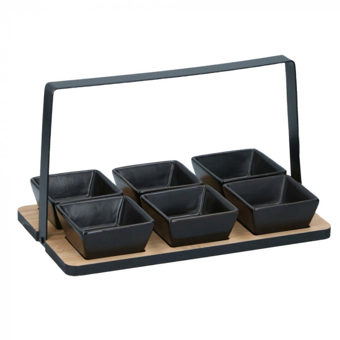 Set 6 boluri ceramice elegante negre cu suport metalic si bambus pentru aperitive, gustari si fructe &ndash; modern si rafinat
