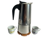 Espressor de cafea inox pentru aragaz cu 2 cani si suport lemn, 450ml