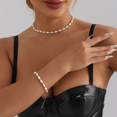 Set Colier Choker si Bratara Femei, Model Elegant, Margele Albe, Ajustabil S132C foto