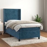 VidaXL Pat box spring cu saltea, albastru &icirc;nchis, 100x200 cm, catifea