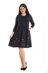 Rochie Dama cu Buzunare, Bleumarin cu pictura realizata manual - L
