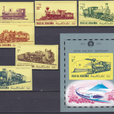 DB1 Ras al Khaima Locomotive Japoneze 6 v. + SS Tipar in Relief MNH NDT