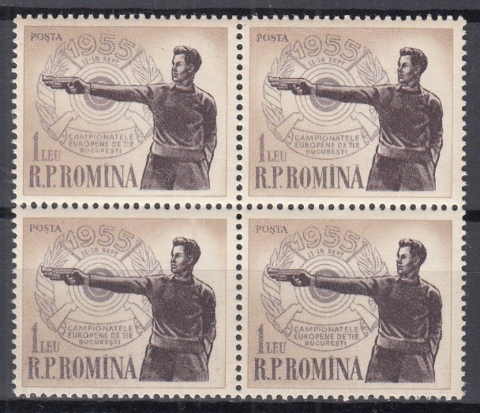 ROMANIA 1955 LP 393 CAMPIONATELE EUROPENE DE TIR BLOC DE 4 TIMBRE STARE MNH