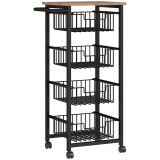 HOMCOM Cărucior de Bucătărie cu 4 Coșuri Detașabile, Roți și Fr&acirc;ne, Oțel și Lemn, 49.5x31x91 cm, Stejar | Aosom Romania