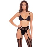 Lenjerie sexy 3 piese RENE ROFE Straight Up, cu sutien, chilot tanga și dresuri cu portjartier, model cu dungi verticale, negru, mărimea M/L, model 70