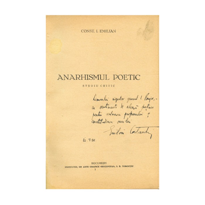 Const. I. Emilian, Anarhismul poetic, , cu dedicație