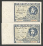 POLONIA 5 ZLOTI 1930 [4] P-72b , XF++/ a UNC , Serii Consecutive , pret / 2buc