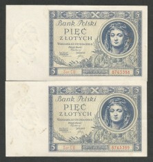POLONIA 5 ZLOTI 1930 [4] P-72b , XF++/ a UNC , Serii Consecutive , pret / 2buc