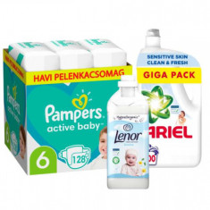 Pampers Active Baby havi Pelenkacsomag 13-18kg Junior 6 (128db) + Ariel Sensitive &amp; Baby Folyékony Mosószer 5 liter + Lenor Sensitive Textilöblítő