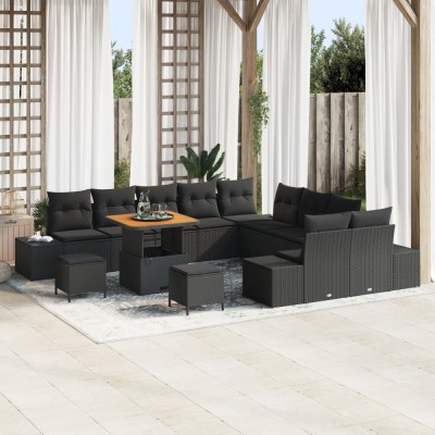 Set de sofa de gradina Gossi cu 13 piese si perne negru poliratan acacia, sofa de gradina Gossi cu 2 locuri si perne negru poliratan, set de cina de g foto
