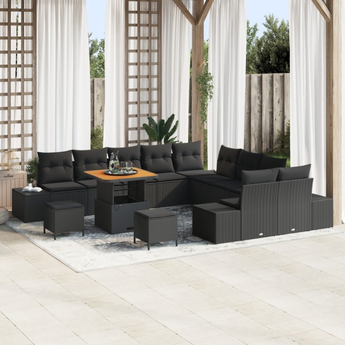 Set de sofa de gradina Gossi cu 13 piese si perne negru poliratan acacia, sofa de gradina Gossi cu 2 locuri si perne negru poliratan, set de cina de g