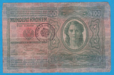 (1) BANCNOTA AUSTRO-UNGARIA - 100 CORONA 1912, STAMPILA BANAT SI BUCOVINA, RARA foto