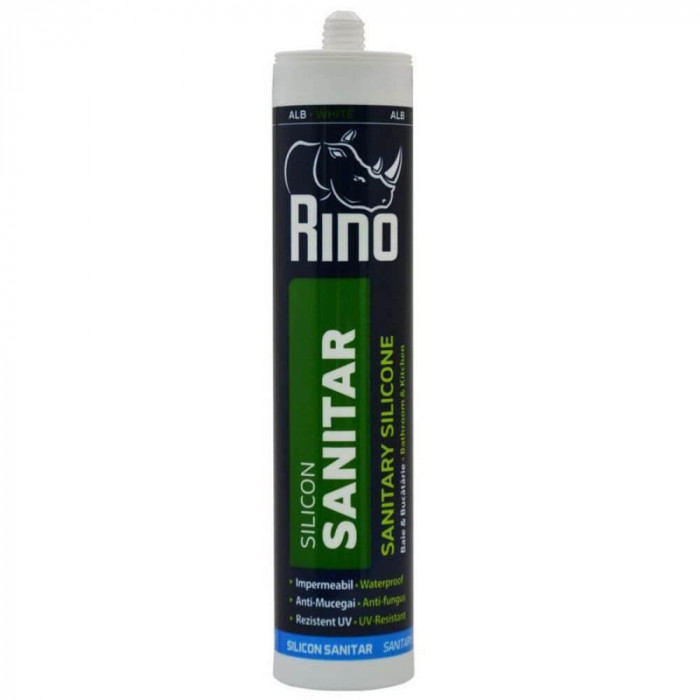 Silicon Sanitar Rino, Alb, 280 ml, pe Baza de Acid Acetic, Silicon Universal Rino, Silicon pentru Spatii cu Umiditate Ridicata, Silicon pe Baza de Aci