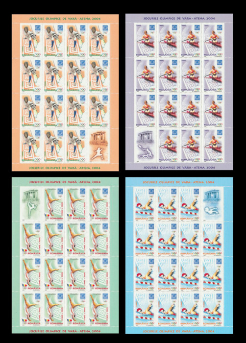 2004 Romania - Olimpiada Atena 4 coli de 15 timbre + 1 vinieta LP 1655 b, MNH