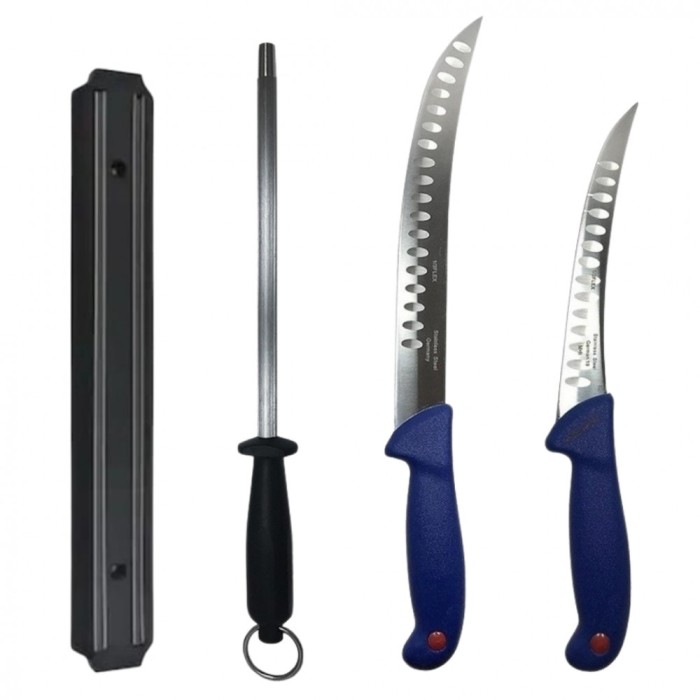 Set profesional de macelarie, transat, degresat, dezosat, otel carbon, 2 cutite, suport magnetic, masat pentru ascutit