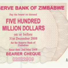 Bancnota Zimbabwe ( Bearer Cheque ) 500.000.000 Dolari 2008 - P60 UNC