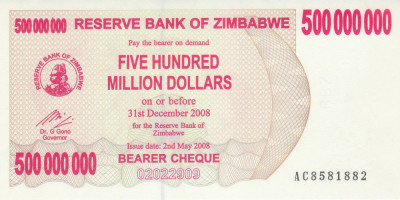 Bancnota Zimbabwe ( Bearer Cheque ) 500.000.000 Dolari 2008 - P60 UNC foto