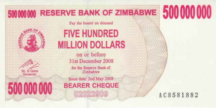 Bancnota Zimbabwe ( Bearer Cheque ) 500.000.000 Dolari 2008 - P60 UNC