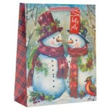 Sacosa cadou de Craciun cu model om de zapada, carouri metalizate, 26x10x32cm, CMCLASS