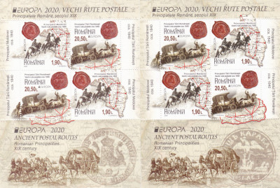 EUROPA 2020,VECHI RUTE POSTALE,BLOCURI MODEL I SI II,2020,MNH.ROMANIA. foto