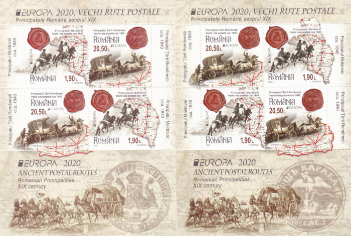 EUROPA 2020,VECHI RUTE POSTALE,BLOCURI MODEL I SI II,2020,MNH.ROMANIA.