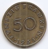 Saarland 50 Franken 1954 - Bronz aluminiu, 27mm, KM-3 (4), Europa, Bronz-Aluminiu