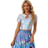 Topuri metalice scurte pentru femei cu decupaj &icirc;n formă de cheie, m&acirc;necă scurtă, pentru petrecerea de Halloween, top lucios holografic