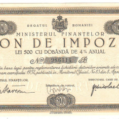 SV * Romania BON DE IMPOZIT 500 LEI 1932 cu dobanda 4% / an * -AUNC