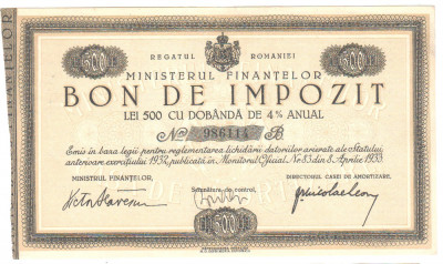 SV * Romania BON DE IMPOZIT 500 LEI 1932 cu dobanda 4% / an * -AUNC foto