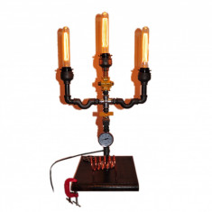 lampa sfesnic suport de lemn steampunkdesigncj, lampa steampunk, corp iluminat foto