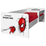 Pat pentru copii Spidy Man cu protectie laterala detasabila, Pal melaminat, margini rotunjite, 2-12 ani, 164x86x55 cm, alb rosu
