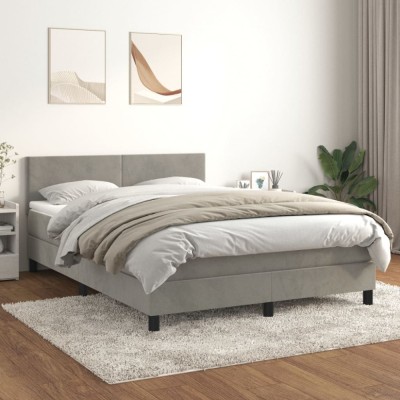 vidaXL Pat box spring cu saltea, gri deschis, 140x200 cm, catifea 3141185 foto