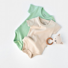 Set 2 body-uri bebe unisex -100% bumbac organic - Mint/Stone, BabyCosy (Marime: 12-18 Luni)