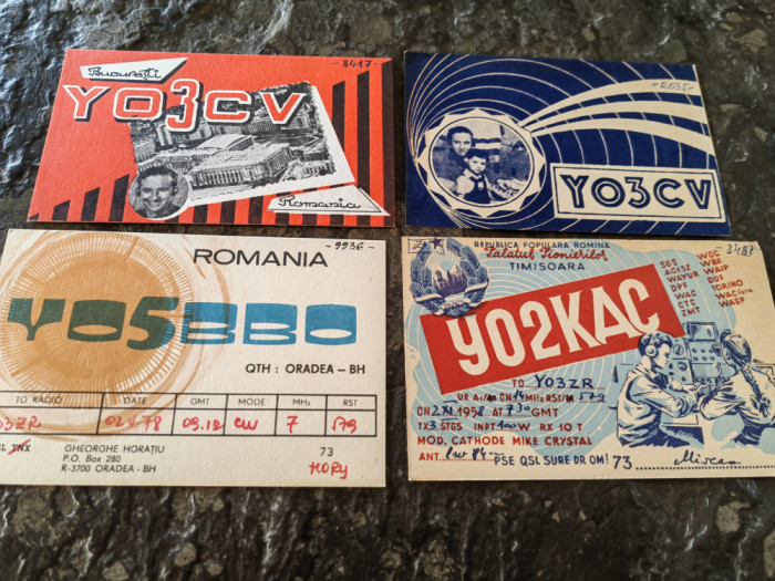 4 carti postale radioamatori, rare, R.P.R., anii 50-60, Bucuresti, Timisoara