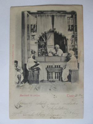 Carte postala Tunis,magazin de parfumuri/parfumerie,cirulata 1902 foto