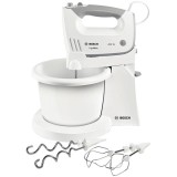 Mixer cu bol Bosch Ergomixx MFQ36490, 450 W, 5 trepte de viteza+turbo, 2 spirale, 2 teluri, Minitocator, Vas gradat, Picior blender Alb/Gri