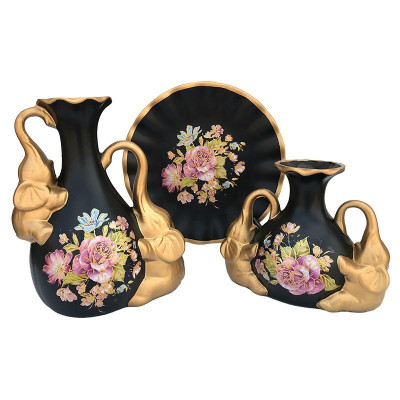 Set 2 vaze decorative si farfurie din ceramica, Flori si Elefanti, Negru, 445H foto