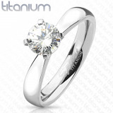 Inel de logodnă din titan, argintiu, zirconiu rotund transparent, brațe lucioase - Marime inel: 59