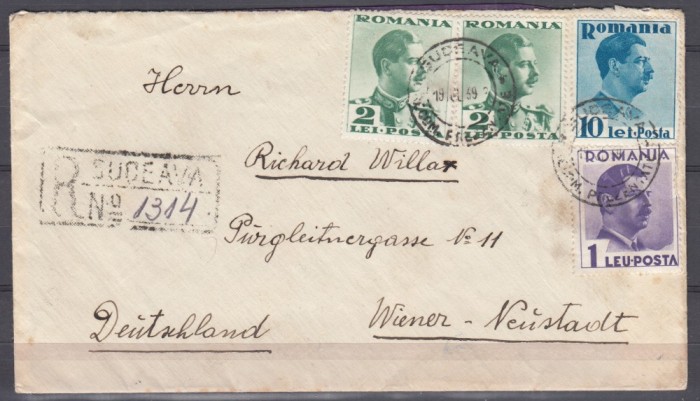 ROMANIA 1935 LP 112 CAROL II UZUALE /PLIC CIRCULAT SUCEAVA-VIENA RECOMANDAT 1939