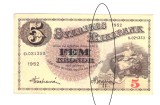 Bancnota Suedia 5 kronor/coroane 1952, stare buna