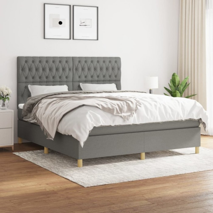 vidaXL Pat box spring cu saltea, gri &icirc;nchis, 180x200 cm, textil 3142594