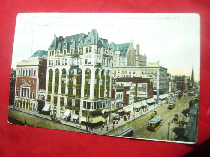 Ilustrata color SUA circ.1910- Washington si Market Sts New Ark -NY