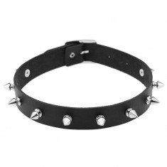 Colier Choker cu Inel Piele Pu si Tepi Negru Universala BDSM Bondage Gotic foto