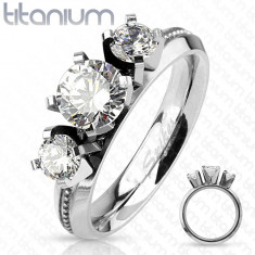 Inel din titan, argintiu, trei zirconii rotunde transparente, luciu intens - Marime inel: 54