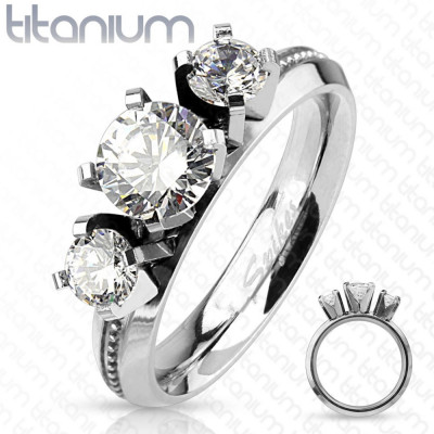 Inel din titan, argintiu, trei zirconii rotunde transparente, luciu intens - Marime inel: 59 foto